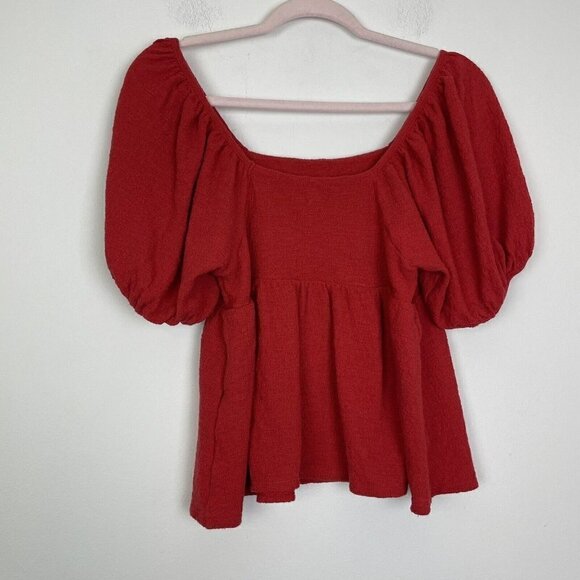 Madewell Woman’s Red Puff Sleeve Peplum Textured Top Size XS - Picture 1 of 7
